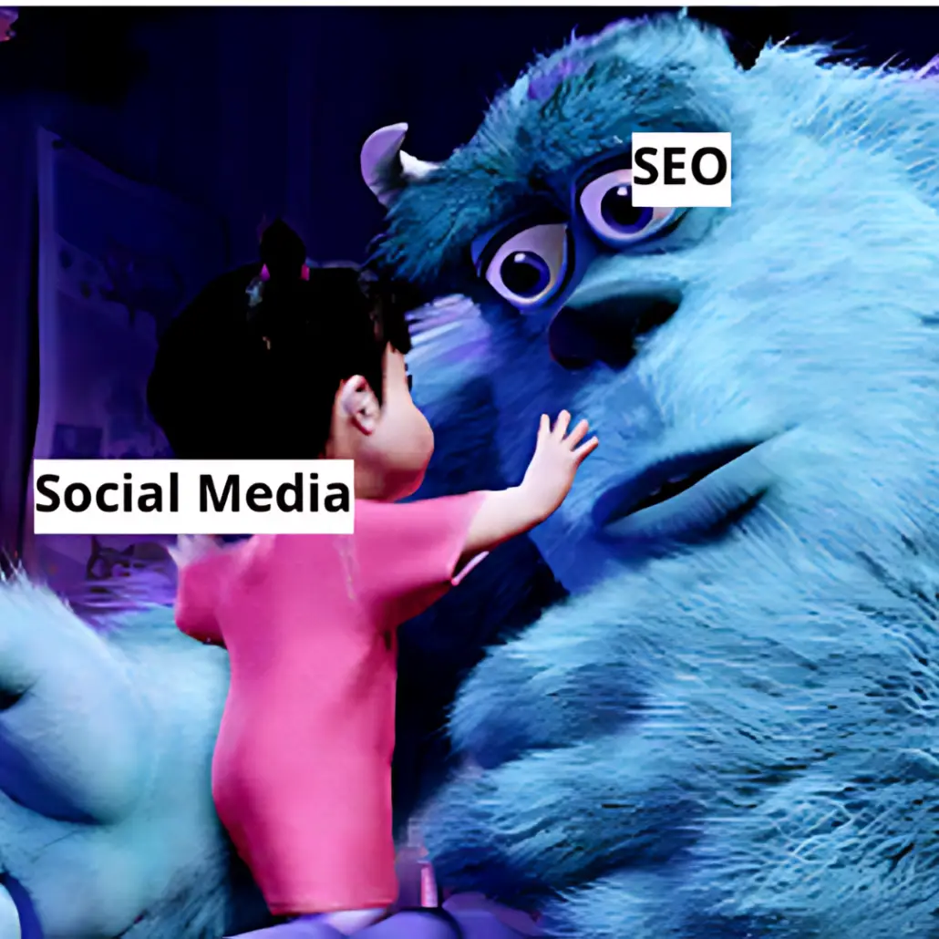 Ein blaues Monster symbolisiert SEO, ein kleines Mädchen in pinkem T-Shirt symbolisiert Social Media und berührt das SEO-Monster.