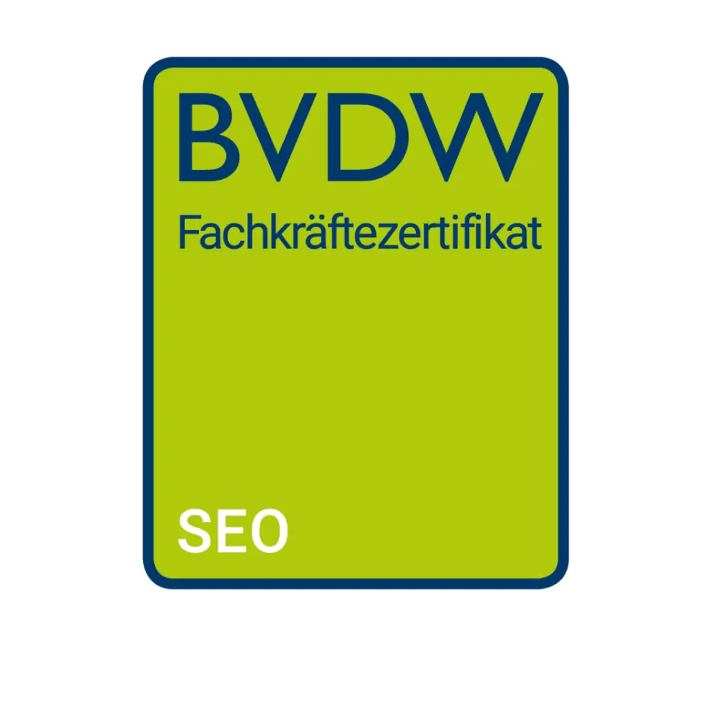 SEO-Fachkräftezertifikat vom Bundesverband Digitale Wirtschaft e.V. in blauer Farbe auf grünem Hintergrund.