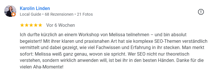 Feedback von Karolin Linden zu einem SEO-Workshop von Melissa Otto.