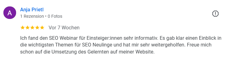 Feedback von Anja Prietl zu einem SEO-Workshop von Melissa Otto.