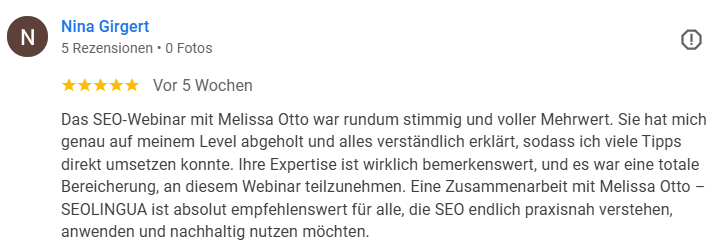 Feedback von Nina Girgert zu einem SEO-Workshop von Melissa Otto.