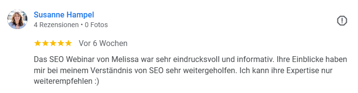 Feedback von Susanne Hampel zu einem SEO-Workshop von Melissa Otto.