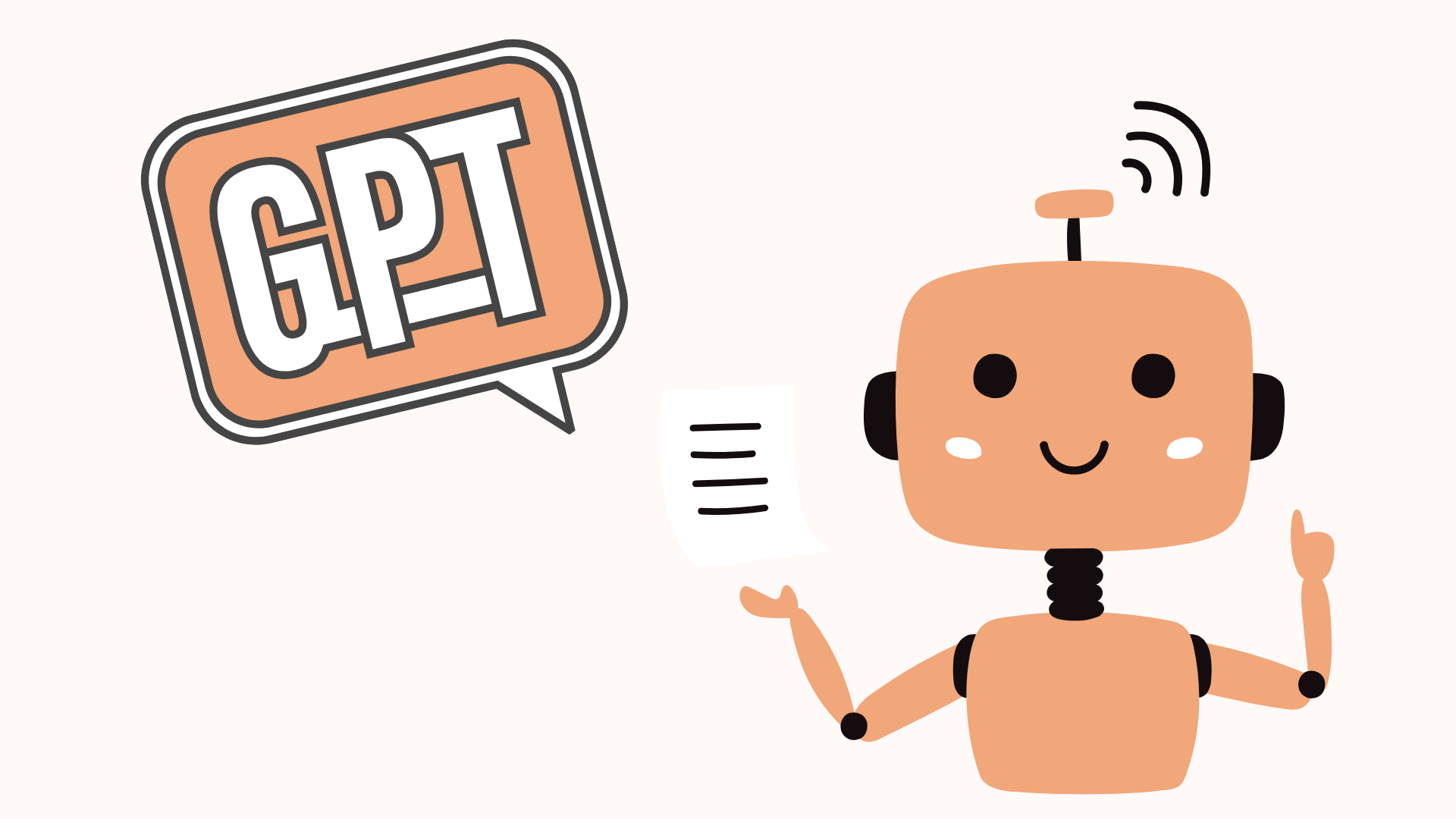 Ein Roboter hält ein Blatt Papier in der Hand. Eine Sprechblase enthält die Buchstaben: GPT.