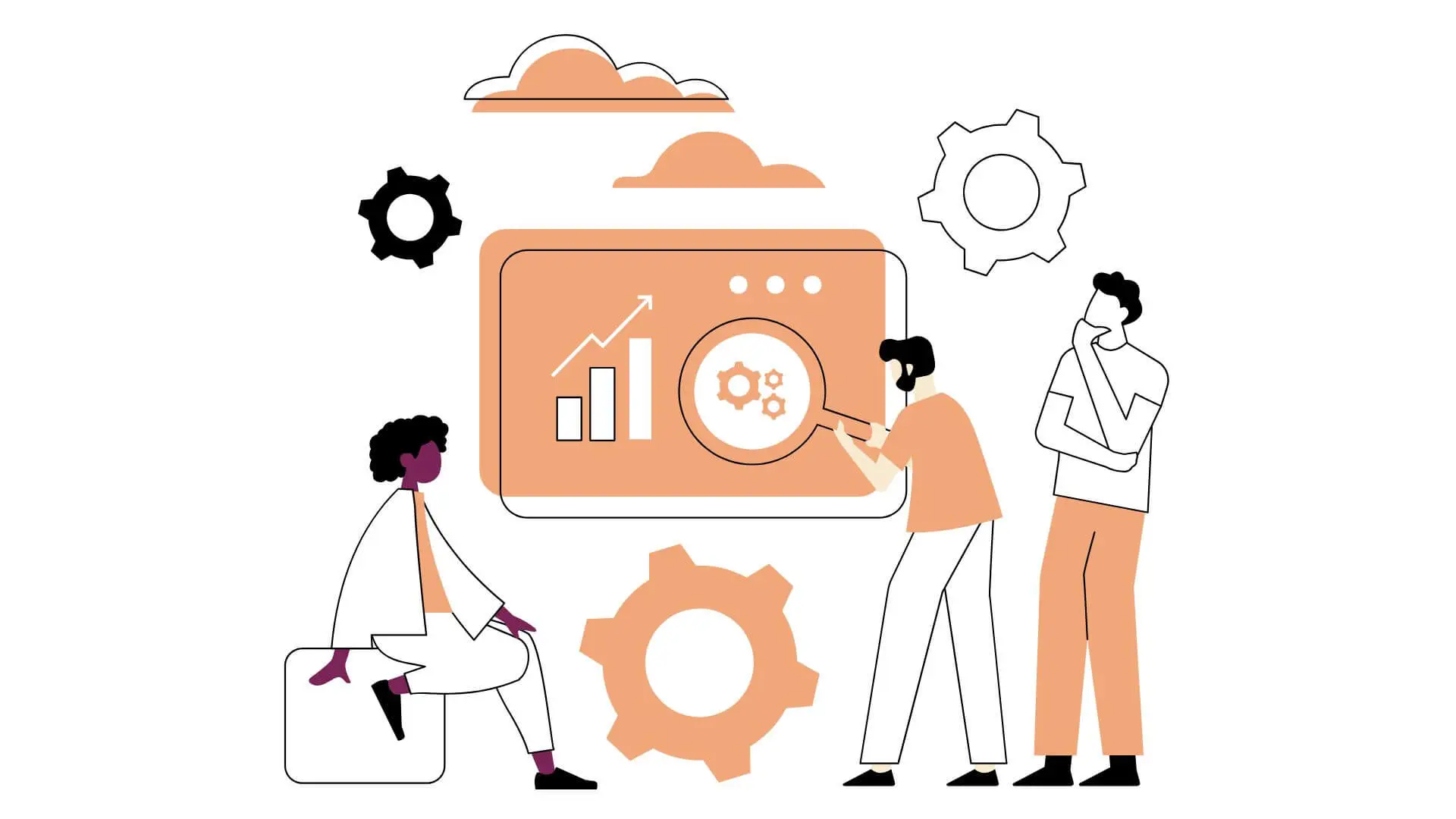 Illustration von drei Personen, die gemeinsam eine digitale Marketing- oder SEO-Analyse mit Diagrammen und Zahnrädern auf einem Bildschirm betrachten.