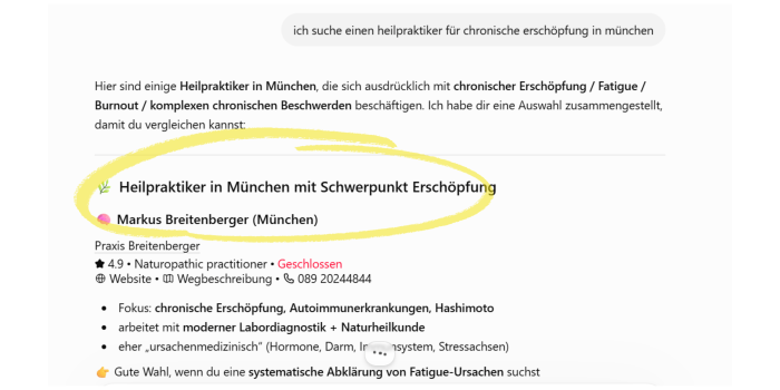 ChatGPT empfiehlt Heilpraktiker nach Empfehlung für Heilpraktiker chronische Erschöpfung